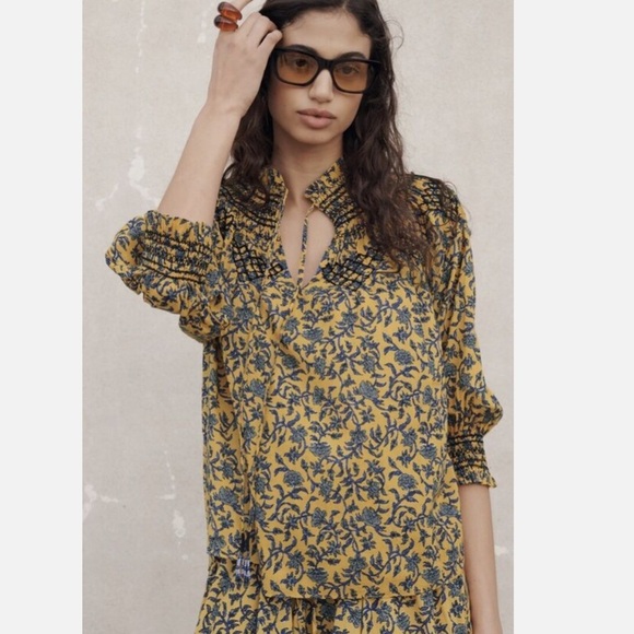 ZARA Floral Print Smocked Tie Neck Blouse Mustard/Blue Sz XLarge Boho Cotton - Picture 2 of 16